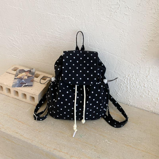 韓系ins風可愛波點雙肩包 大容量上學通勤書包女, 黑色,小號