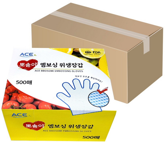 뽀솜이 엠보싱 크린 업소용 일회용 비닐장갑 위생장갑 500매, 10개, 500개입
