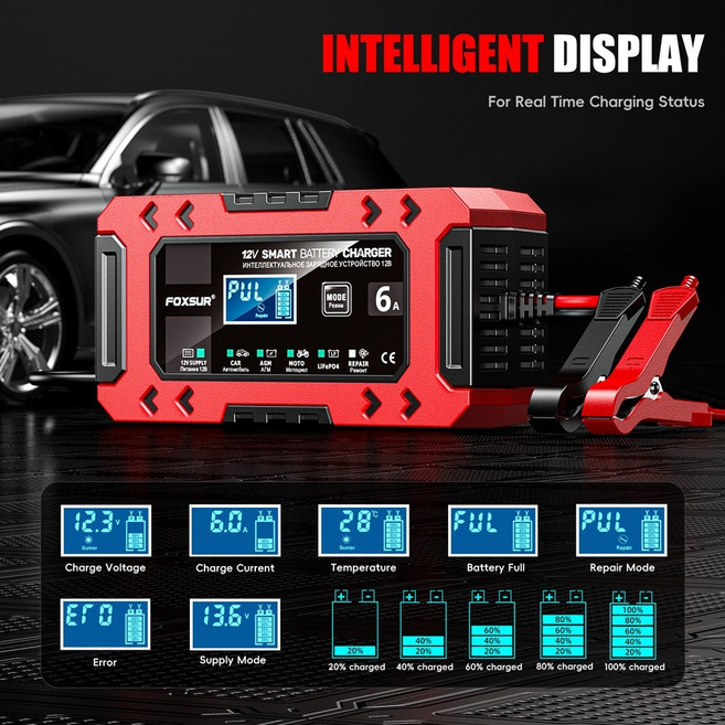 FOXSUR 汽車機車用12V6A 3用智慧充電器 鉛酸/鋰鐵/膠體電池適用