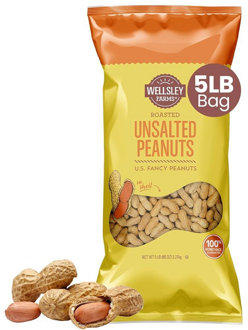 Wellsley Farms 무염 로스트 인쉘 땅콩 미국에서 자란 통째 GMO 프리 저염 콜레스테롤 프리 게임 데이 BBQ 및 여행을 위한 껍질을 깨는 간식 2.3k, 1, 2.27kg