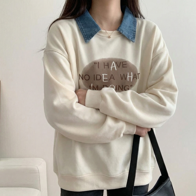 에쥬아 여성 춘추 긴팔 맨투맨 폴로넥 루즈핏 상의