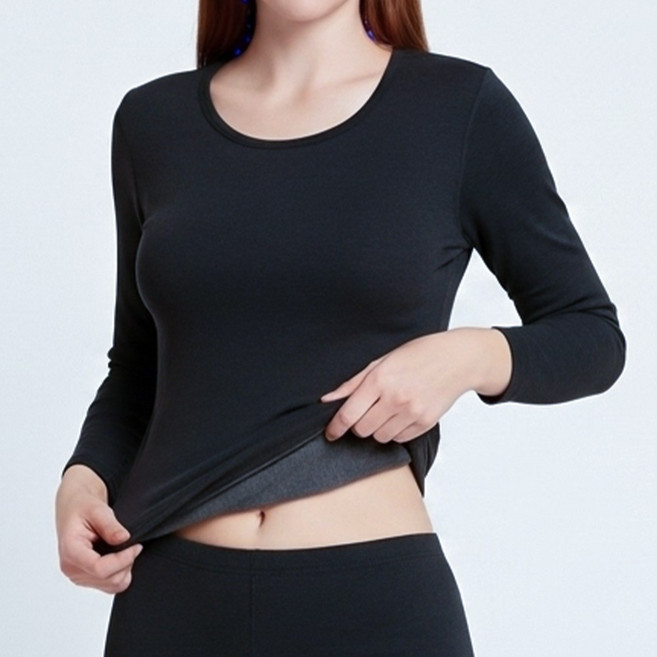 마켓콩 여성 소프트 융털 기모 무지 라운드넥 방풍 내의 상의 긴팔 티셔츠 겨울 내복