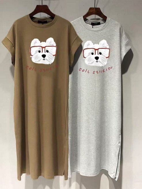 여성 봄가을여름 반팔오버필드레스캐쥬얼모던프린트