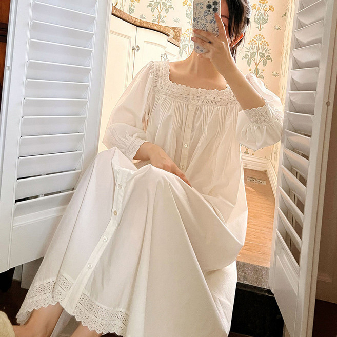 공주 순면 원피스 잠옷 여성 롱 홈웨어 긴팔 파자마파티 임산부