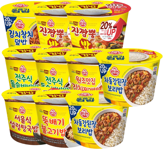 오뚜기 컵밥 7종 10개 세트(김치참치1+진짬뽕2+뚝불1+차돌강된장2+돌솥비빔2+김치찌개1+설렁탕1), 6세트, 217.5g