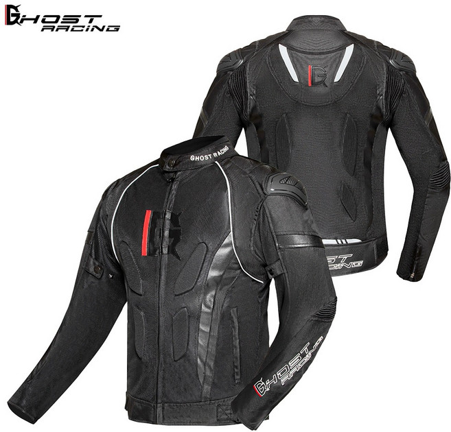 GHOST RACING 夏季透氣防摔衣 CE認證 5件護具 網眼布騎士服, 黑,M, 1個
