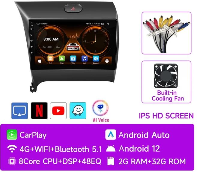 JIUYIN 자동차 라디오 멀티미디어 플레이어 내비게이션 GPS 기아 K3 세라토 포르테 2013-2017 2 Din 안드로, 01 빠른, 06 8core (2 32G)