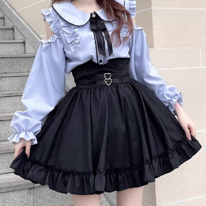 작은 키 앙증맞은 인형 넥 오프숄더 긴팔 블라우스 상의 여밈 스커트 여성 투피스 가을