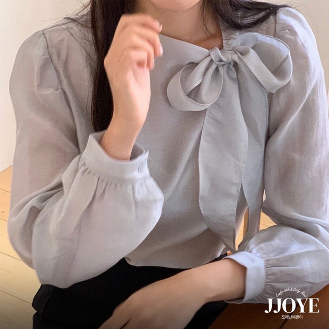 쪼예 하객룩 쉬폰 리본 타이 퍼프 긴팔 블라우스