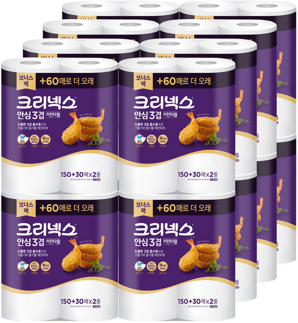 크리넥스 안심프리미엄 3겹 키친타올 (150+30매 2롤) x16팩, 150매, 16박스