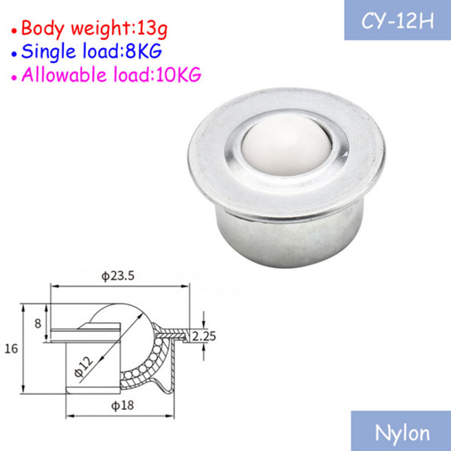 3/5개 CY-8H/12H/15H/22H/30H 볼 트랜스퍼 볼 베어링 불스아이 휠 탄소강/나일론/SUS304 스테인리스 스틸, [00] 3Pcs, [00] CY-12H Nylon