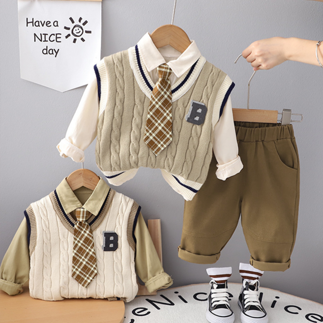 해피델리 캐주얼 코디4종세트봄 가을 상하복 데일리 등원룩 나들이룩 편한한 베이지 고무줄바지 꾸안꾸 조끼 넥타