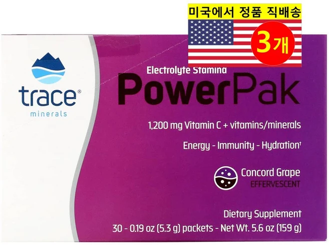 Trace Minerals 트레이스 미네랄 전해질 스태미나 파워팩 비타민 C 1200mg 포도 맛 30개입, 3개 - 쿠팡