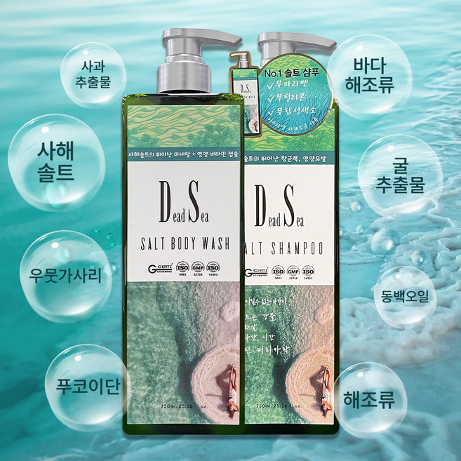 [Dead Sea]이스라엘 프리미엄 사해 솔트 샴푸 750ml + 바디워시 750ml, 1개