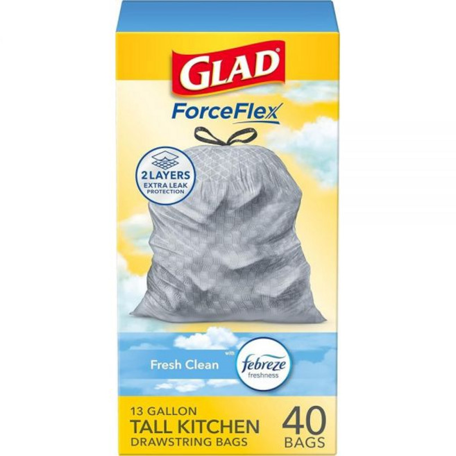 Glad ForceFlex 톨 키친 드로스트링 쓰레기 봉투 프레시 클린 49.2L13갤런 40개입 패키지는 다를 수 있음 168398