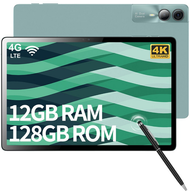 11인치 LTE 태블릿PC 안드로이드14 12GB RAM 128GB WiFi 지원 12000mAh 대용량 배터리 학습용 인강용 영상 시청 키보드 터치펜 포함, Wi-Fi+Cellular, 포레스트 그린