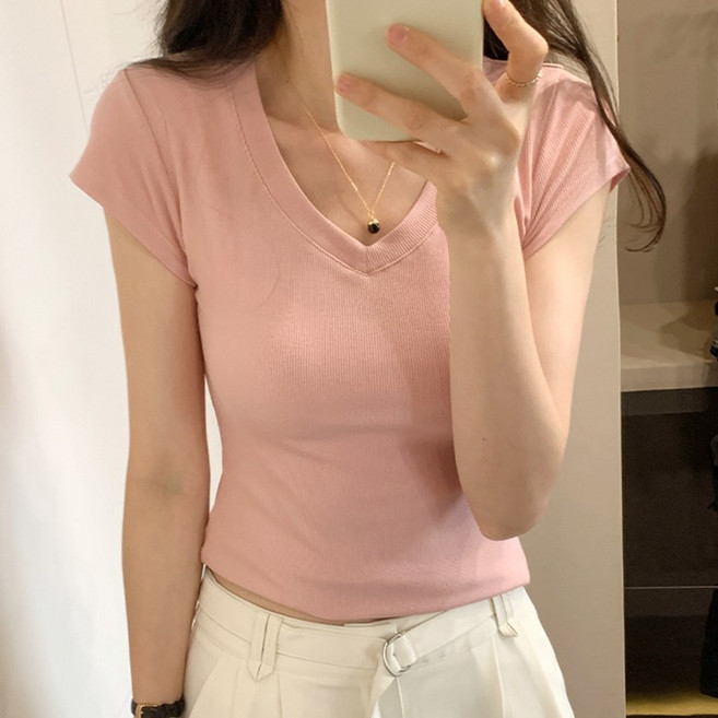 [베리트] 여성 브이넥 슬림핏 캐쥬얼 무지 반팔티 VT-853
