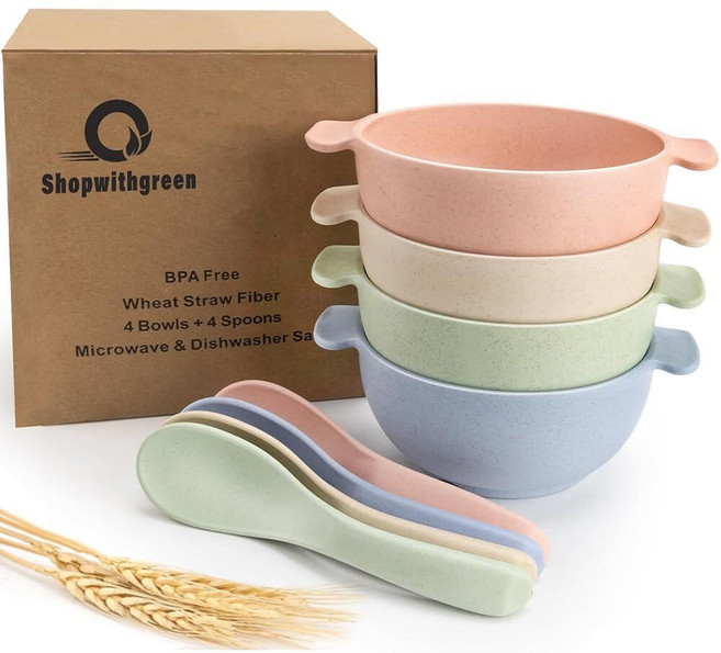 Shopwithgreen 대나무 어린이 그릇 세트 아기 유아를 위한 재사용 가능한 작은 그릇 4개 식기 시리얼 스낵 수프 밥그릇 스푼 4개 및 포크 식기 세척기 사용 가, 블러시-밀짚