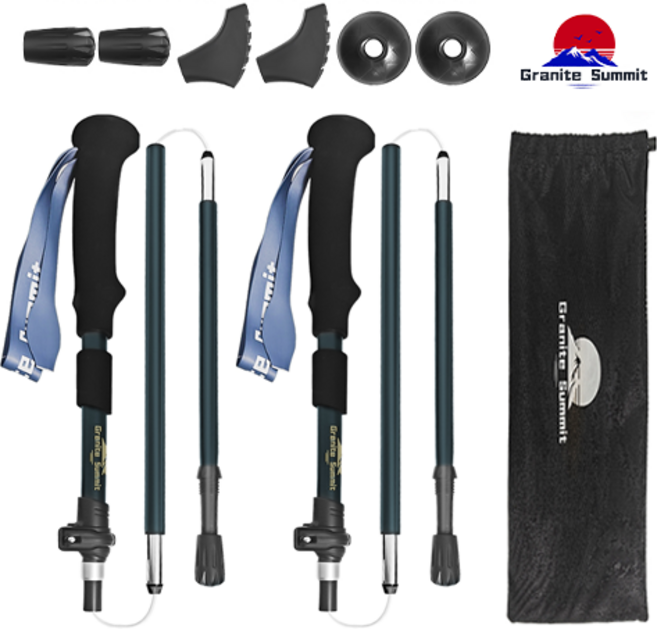 그래니트 서밋 초경량 7075 알루미늄+3K카본 5단 접이식 등산스틱 실크 손목 밴드 2개 접이 길이 35cm~130cm, 블루, 1세트