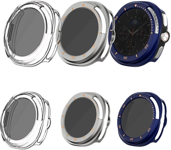 [젤센] 갤럭시워치8 클래식 전용 사생활 보호 풀커버 일체형 9H 강화유리 케이스 3개 세트, 사생활보호_스포티/티타늄+네이비+투명