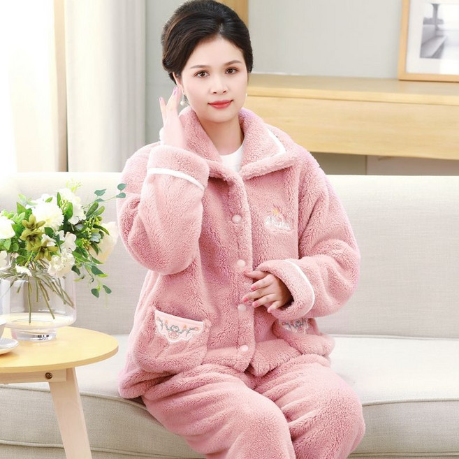 중년 여성 겨울 잠옷 세트 루즈핏 데일리 엄마 긴팔 플란넬 훔웨어 투피스 빅사이즈 캐주얼 도톰 기모 파자마 WMY