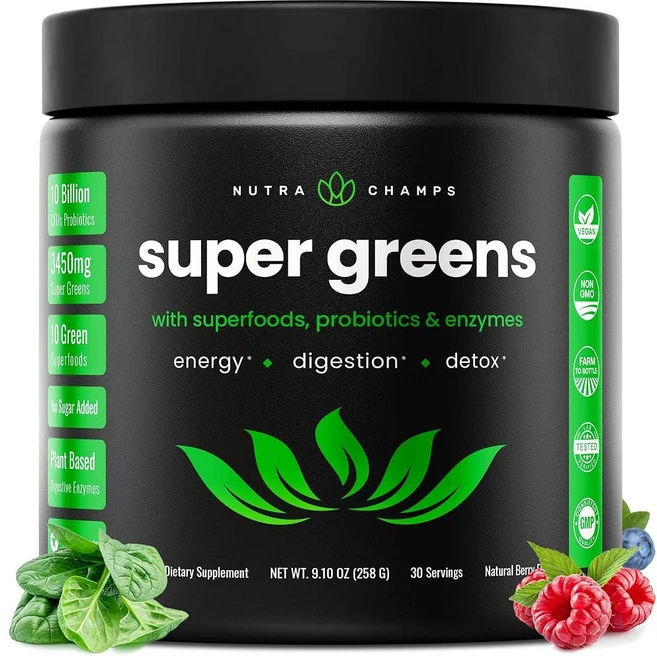 NutraChamps 슈퍼 그린 (Super Greens) 파우더 프리미엄 슈퍼푸드 | 20개 이상의 유기농 그린 채소 통식품 | 밀 잔디 스피룰리나 클로렐라 등 | 항산화, 1개, 234g - 쿠팡
