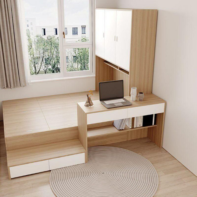 수납침대 일체형 침대세트 소형아파트 책장 원룸 책상 조합, 1350mmx2000mm, 조립식 박스 베드, 침대+책상+발받침+매입 옷장