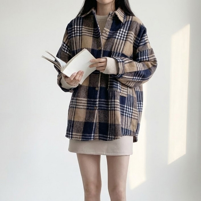 빅사이즈 여성 가을겨울 필수템 오버핏 체크 셔켓 B175-2 더비코