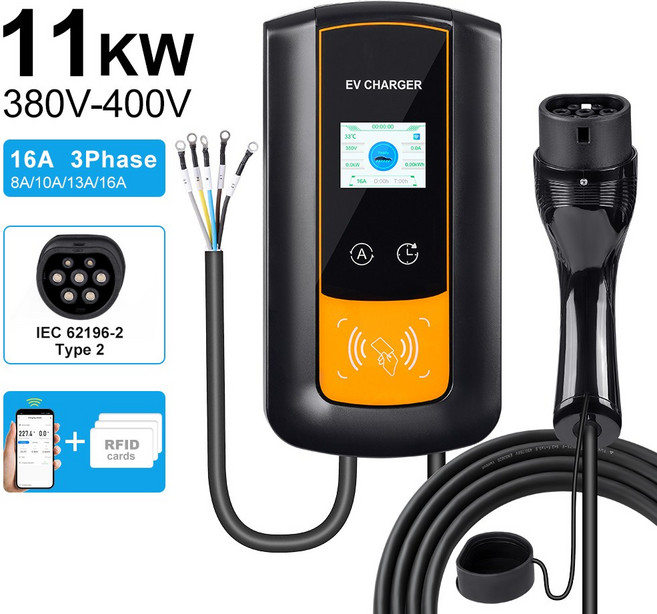 JDMEX 타입 2 EV 휴대용 충전기 전류 조절 가능 스마트 타이밍 전기차 380V-400V 16A 11KW 3 상, 02 11KW 5M 16A A