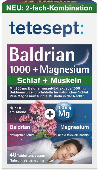 독일 테테셉트 발드리안 1000+마그네슘 수면도움 발레리안 멜라토닌프리 40정, 1개 - 쿠팡