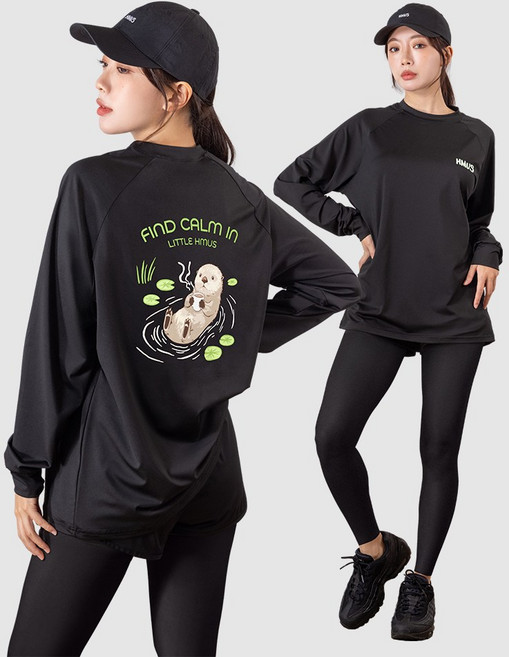 여자 루즈핏 래쉬가드 상의 + 반바지 레깅스 하의 수영복 비치웨어 세트