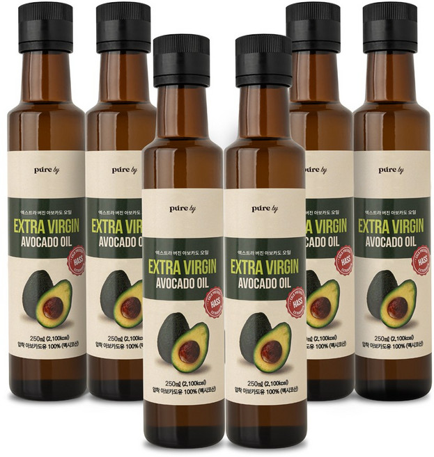 퓨어바이 100% 엑스트라버진 아보카도오일 저온압착 아보카도 20개를 한병에 불포화지방산 생식부터 튀김요리까지, 6개, 250ml