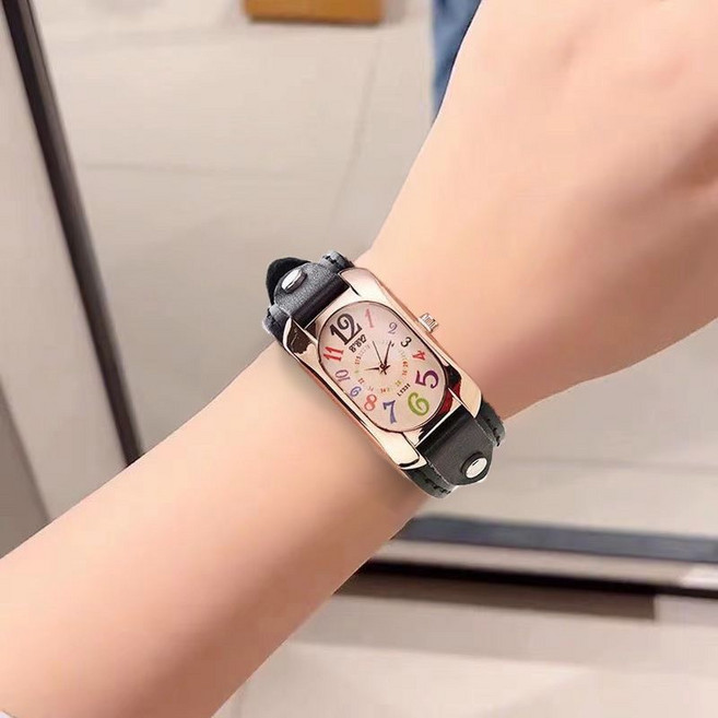 時尚復古真皮腕表彩色數字橢圓表盤男女士表, 1個, 牛皮數字黑色手表電池禮盒-標配