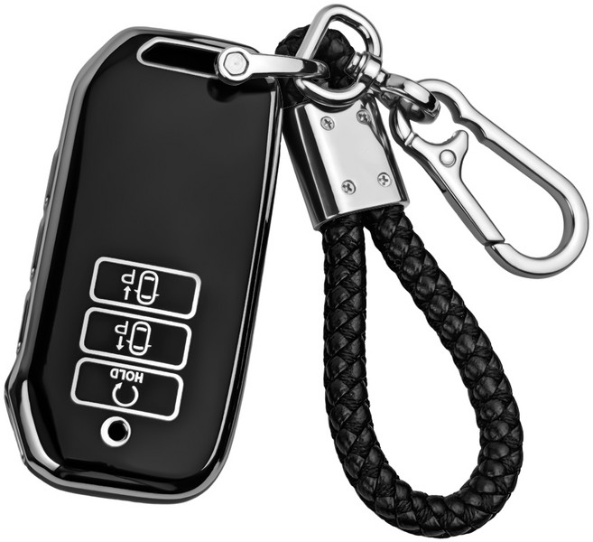 MODACE 기아 자동차키 TPU 소프트젤 보호 케이스 5/7버튼 + 가죽 메탈 더블 고리 키링, 와 키링, 7버튼 실버 블랙
