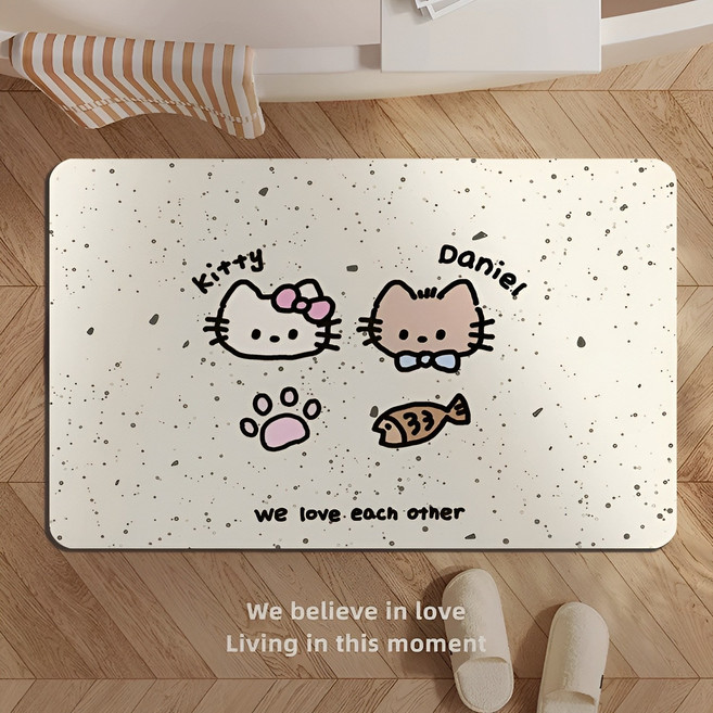 현관 발매트 화장실 입구 욕실 발매트 규조토 미끄럼 방지 매트, 브라운화이트 고양이, 1개