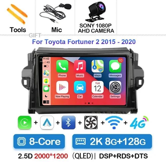 안드로이드 15 For Toyota Fortuner 2 2015 2020 차량용 라디오 스테레오 멀티미디어 네비게이션 GPS Carpl, 13 2K 8G-128G CAM