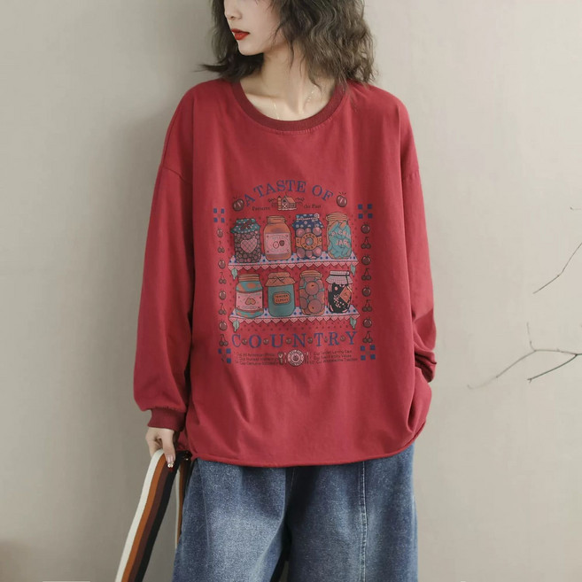 봄 가을 중년 여성 긴팔 맨투맨 캐주얼 풀오버 상의 루즈핏 긴팔티 기질 데일리 순면 라운드 맨투맨 티셔츠 SYM