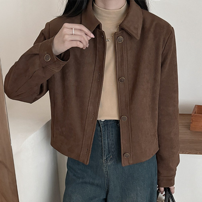 라뷰드 캐주얼 스웨이드 숏자켓 여성 봄가을 간절기 점퍼 세미 크롭 빈티지 블루종 잠바