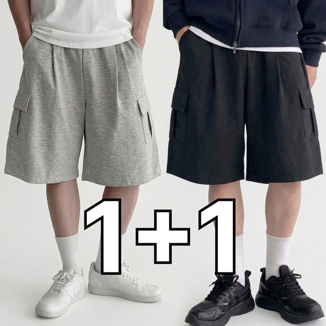 핏노블 2P 남자 버뮤다팬츠 카고 와이드 원턱 반바지 1+1