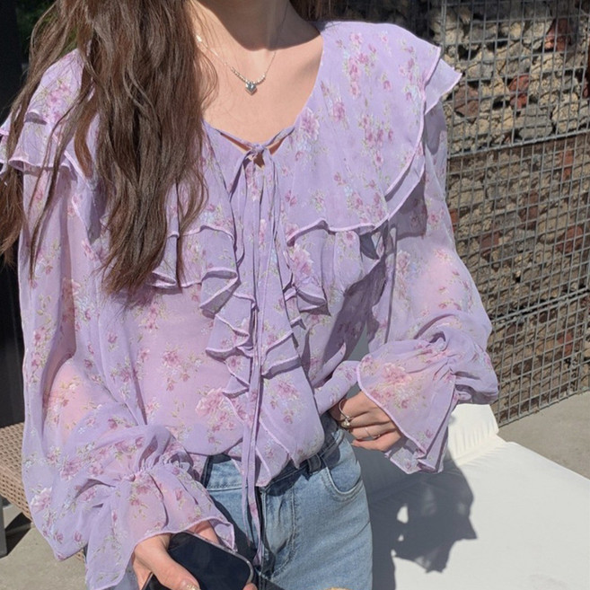 COSYEVNO 여성 쉬폰 꽃무늬 프릴 긴팔 블라우스 춘하 TZKndcs-8