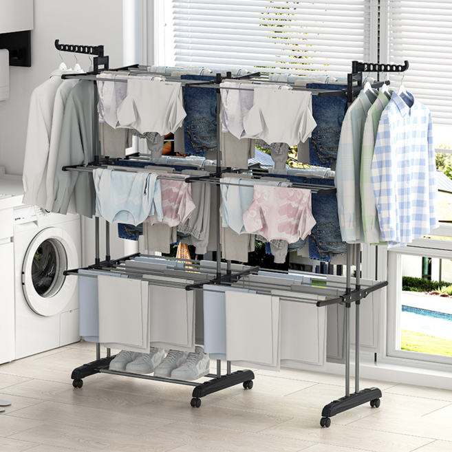 호밍사이 176cm 높이 특대형 3단 접이식 빨래건조대 연장 가능 이동식 가정용 빨래건조대, 그레이