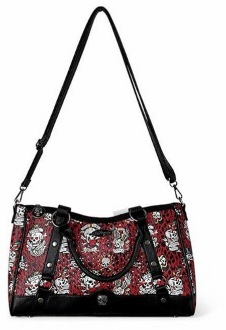 ED HARDY 여성용 레오파드 스컬 사첼 핸드백 탑 핸들 및 탈착식 화이트 크로스바디 스트랩 포함 레드 원사이즈