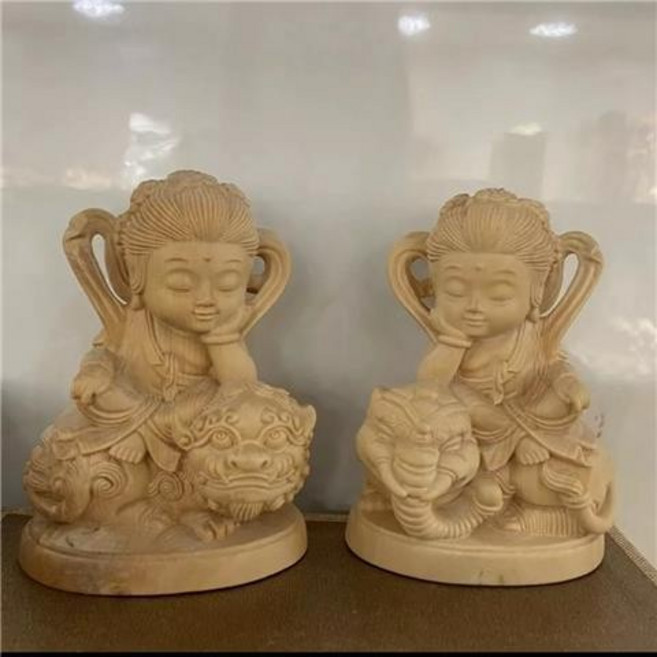 崖柏黃楊木雕 Q版文殊普賢菩薩 人物神像 工藝品, 小葉黃楊一對