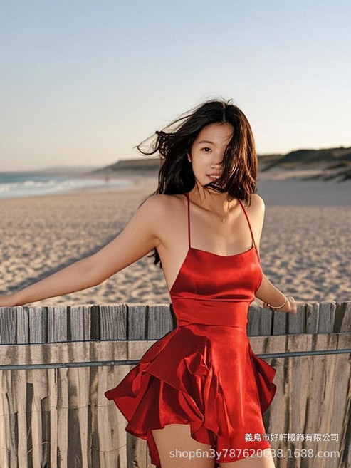 夏季歐美性感百褶女士吊帶連衣裙露背抽繩抹胸色丁, 砖红色
