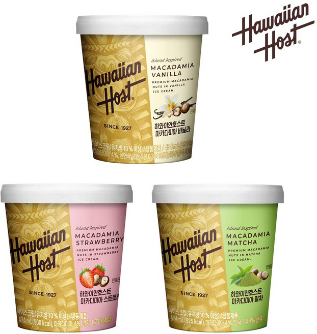 하와이안호스트 마카다미아 파인트 3종 혼합구성(바닐라+딸기+말차), 1개 - 아이스크림 파인트