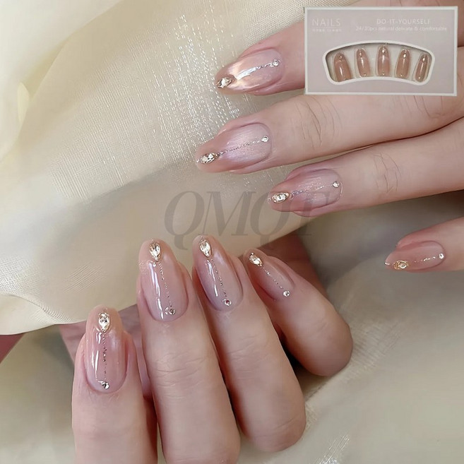 QMQT 여성 인조손톱 롱 리본장식 파츠 네일팁 컬렉션, 1개, 누드색-물방울