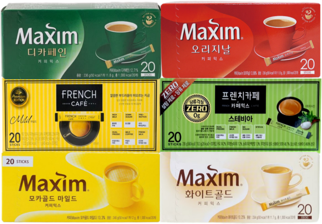 <꾼들>모카골드 20T+화이트골드20T+프렌치카페믹스20T+맥심 오리지날20T+디카페인20T+스테비아20T+ 루카스나인 시그니처 라떼 14.9g 1개