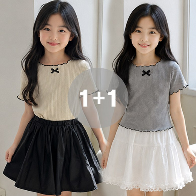 지디오 키즈 여아 반팔 티셔츠 2개 세트 리본 프릴 주름 라운드넥 골지 반팔티
