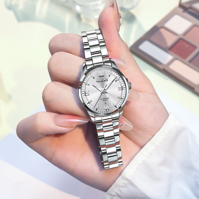 OLEVS 여성손목시계 정품쿼츠 럭셔리 명품 워터프루프 야광 일력 메탈시계