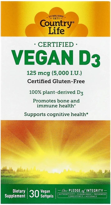 Country Life Certified Vegan D3 125 mcg 5 000 IU 30 Vegan Softgels, 30개, 30정 - 쿠팡